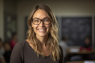 smiling female teacher in front of the whiteboard with Generative AI