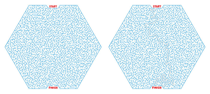 A hexagonal maze with solution.  Color labyrinth with the answer. An interesting game for children and teenagers. Simple flat vector illustration isolated on white background.