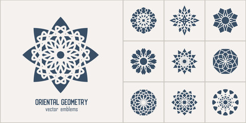 Arabic circular geometric symbols set. Vector monochrome mosaic oriental ornamental emblems