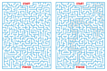 Rectangular color labyrinth with the answer. An interesting game for children and teenagers. Simple flat vector illustration isolated on white background.