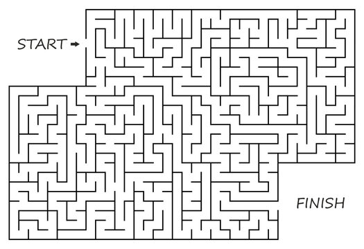Labyrinth or maze with entry and exit. Puzzle or logical game in rectangle shape. Vector and illustration template.