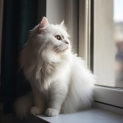 A tranquil moment captured as a fluffy white cat relaxes on a windowsill