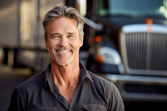 a smiling male truck driver standing in front of his truck with Generative AI