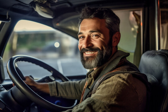 a smiling male truck driver at the wheel of a truck with Generative AI