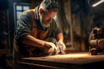 carpenter using a saw on wood in the workshop with Generative AI
