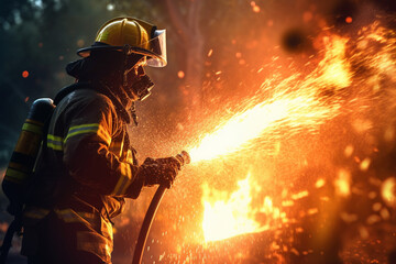 firefighter spraying hose on the fire at fire with Generative AI