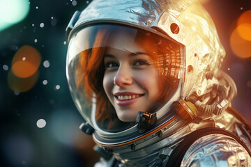 a happy astronaut woman in space helmet and space theme with Generative AI