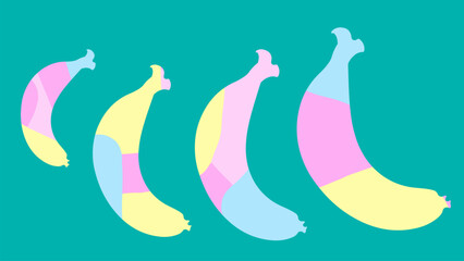 Multicolored bananas. Vector pop art pattern of colorful bananas. Vector illustration isolated on green background