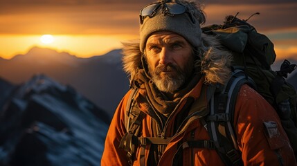 Fototapeta premium Photo of mountaineer at sunrise in front of wide-angle mountain landscape. Generative AI