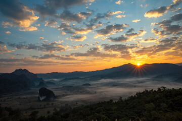 Beautiful Mountain View of Phu Langka National Park, the landscape of misty mountains and at Sunrise, Phayao Thailand