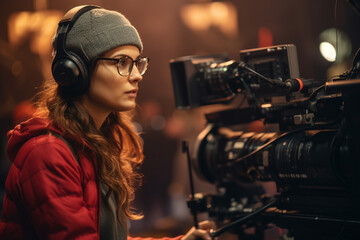 female video director speaks on the set of a movie production with Generative AI