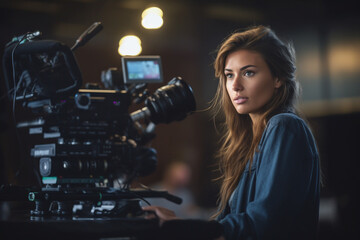 Naklejka na ściany i meble female video director speaks on the set of a movie production with Generative AI