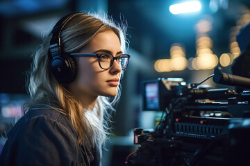 female video director speaks on the set of a movie production with Generative AI