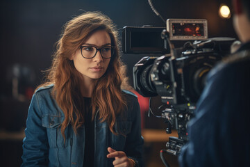 Naklejka na ściany i meble female video director speaks on the set of a movie production with Generative AI