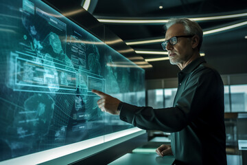 Fototapeta premium businessman presenting business plans in digital boardroom with Generative AI
