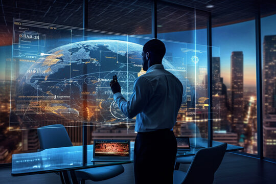 businessman presenting business plans in digital boardroom with Generative AI
