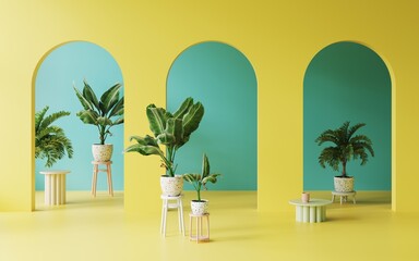 Bright interior with yellow arches and green  floor. Green and yellow wall. Potted palm trees in the background. Memphis design style. 3d rendering