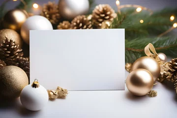 Fotobehang An empty postcard among the christmas decoration - golden fair-tree ornaments. Generative AI technology © Romana