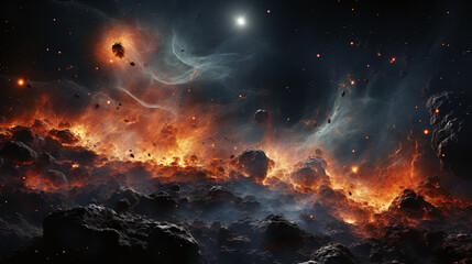 Quasars. Ringed moons. Exotic planets caught in a nebula. Ultra detailed For Wallpaper. Generative Ai.