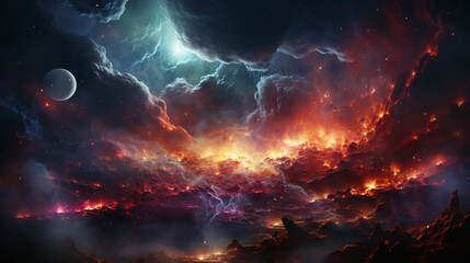 Quasars. Ringed moons. Exotic planets caught in a nebula. Ultra detailed For Wallpaper. Generative Ai.