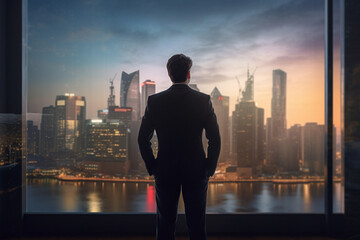Fototapeta na wymiar businessman looking out into city skyline with Generative AI