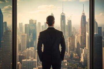 Fototapeta premium businessman looking out into city skyline with Generative AI