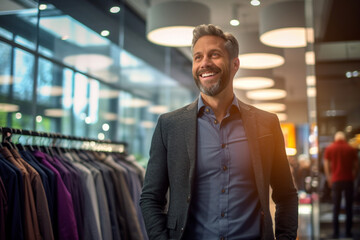 Fototapeta premium a happy man looking fashion and choosing them in a modern shopping store with Generative AI