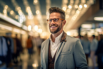 Fototapeta premium a happy man looking fashion and choosing them in a modern shopping store with Generative AI
