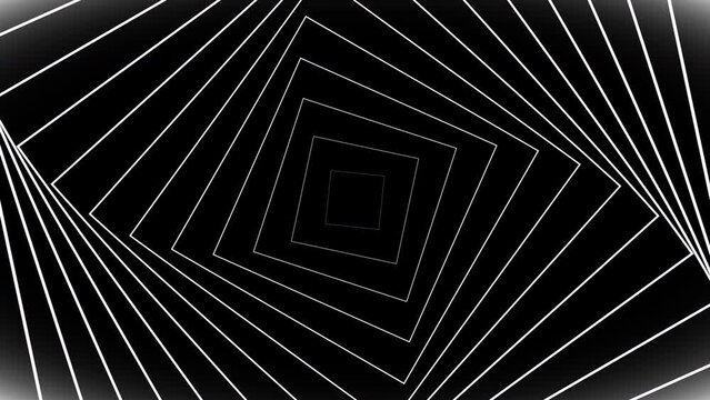 Animated Black and White Pattern with Stairs. Spiral Square Tunnel. Geometric Abstract Rotating Polygonal Texture. Loop Seamless Stock Footage. 3D Graphic