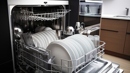 A modern dishwasher with advanced features and a sparkling clean kitchen, generative ai