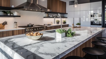 A modern kitchen with sleek appliances and a spacious marble countertop, generative ai