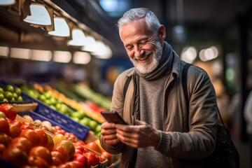 Fototapeta na wymiar a happy man uses her cell phone in a supermarket with Generative AI