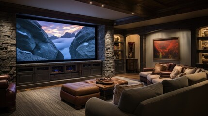 Fototapeta premium A cozy home theater with plush seating and a large screen for movie nights, generative ai