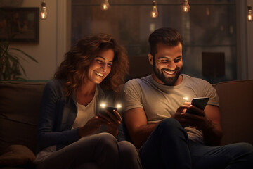 Fototapeta premium happy couple sitting on a sofa using cell phones in a living room with Generative AI