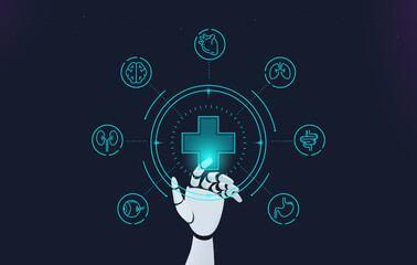 AI robot hand touching hologram button with hospital icon and internal organ. Concept illustration about the use of artificial intelligence technology to help treat patients.