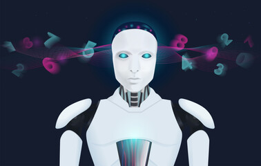 Numbers float into the artificial intelligence robot's head. Illustration about AI learning machine. Fast calculation with the input of more data and passwords.