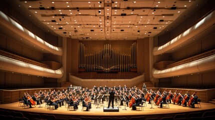 A grand concert hall filled with an orchestra and a conductor leading the performance, generative ai