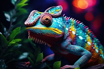 Obraz premium Colorful chameleon on a branch, a creative concept of adaptation and transformation. Generative AI