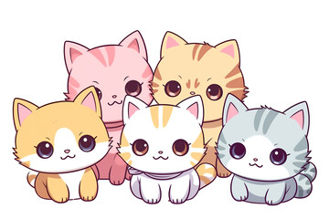 kawaii cute cats, kittens sticker image, in the style of kawaii art, meme art, animated gifs isolated white background PNG