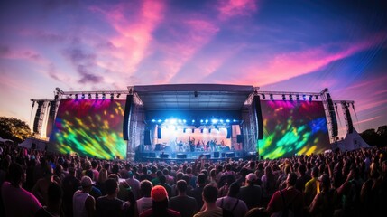 A lively music festival with bands performing on multiple stages, generative ai