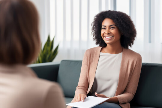 A woman smiles at a meeting with a psychologist or an interview. Photorealistic illustration of Generative AI.