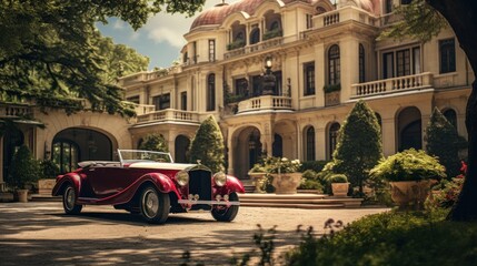 old car in front of a house, Retro car . mansion, luxury home. vintage car parked in front of a mansion 