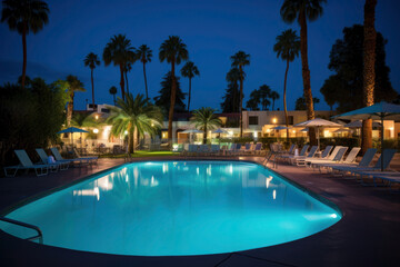 Fototapeta na wymiar Tropical hotel swimming pool at night. Photorealistic illustration of Generative AI.