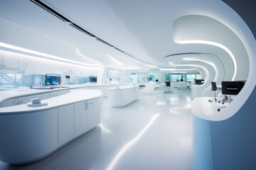White futuristic science lab. Photorealistic illustration of Generative AI.