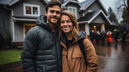 Couple standing in front of new house