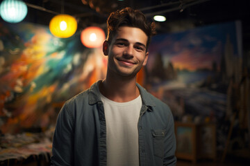 Fototapeta premium young happy man artist painter in studio at evening with Generative AI