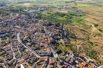 Aerial images of the town of Oropesa in the province of Toledo during a sunny spring day