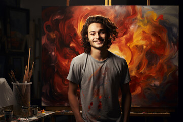 young happy man artist painter in studio at evening with Generative AI