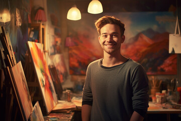 young happy man artist painter in studio at evening with Generative AI