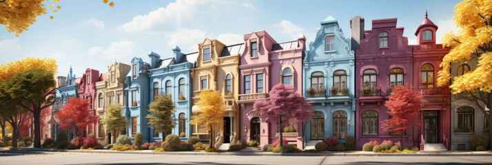 Colorful stucco traditional private townhouses. Residential architecture exterior.